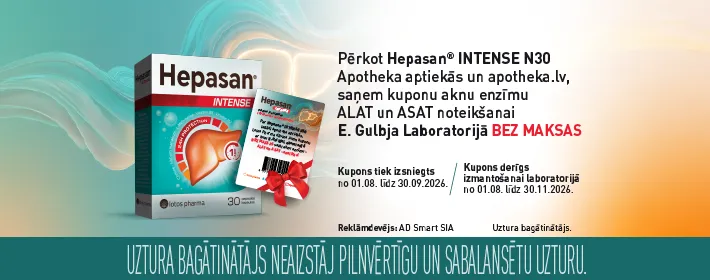 Pērkot HEPASAN Intense N30 Apotheka aptiekās un apotheka.lv, saņem kuponu aknu enzīmu ALAT un ASAT noteikšanai E. Gulbja Laboratorijā BEZ MAKSAS