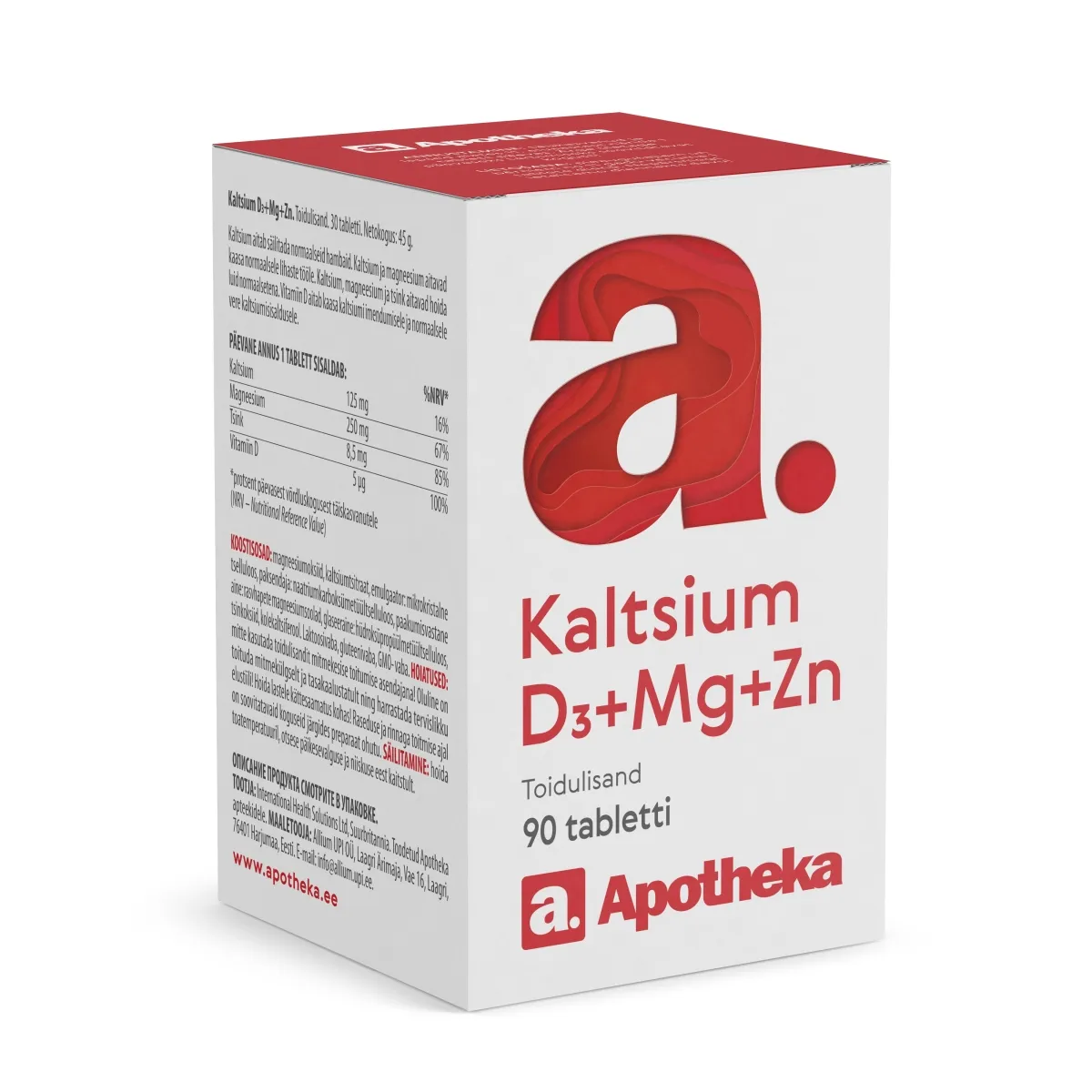 APOTHEKA Kalcijs D3+Mg+Zn tabletes, 90 gab - Produkta attēls