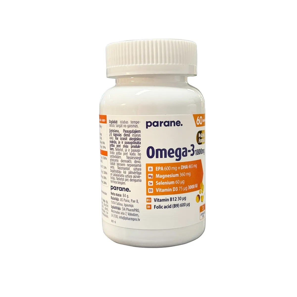 PARANE Omega-3 1800 mg + Magnijs + Selēns + Vitamīni, 60 gab - Produkta attēls