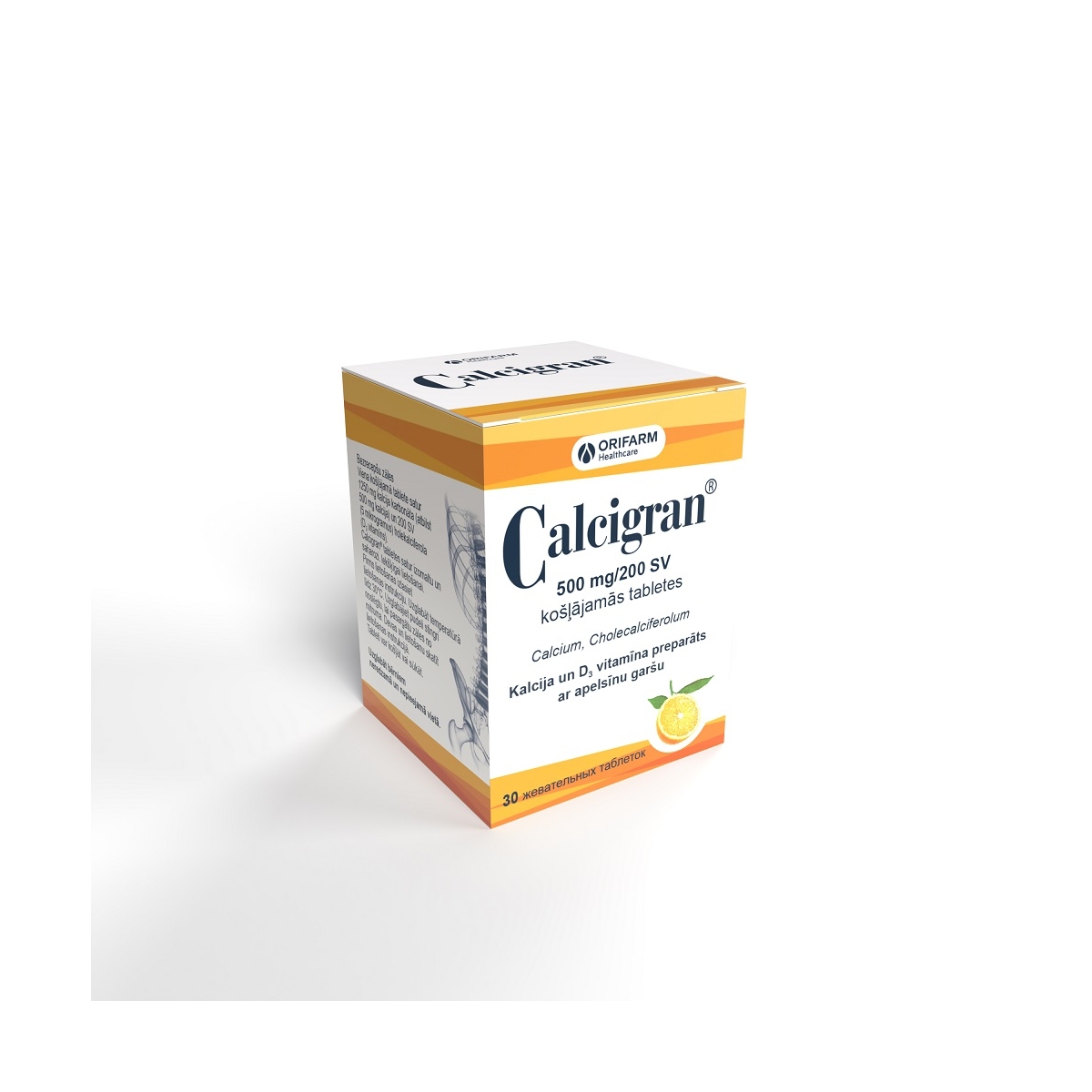 CALCIGRAN 500MG KOŠLĀJAMĀS TABLETES N30 AR APELSĪNU GARŠU - Produkta attēls