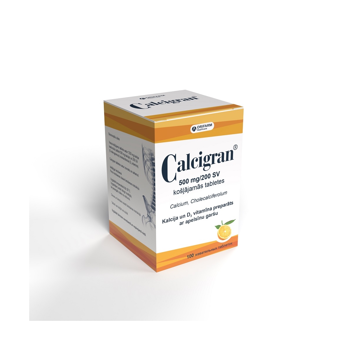 CALCIGRAN 500MG KOŠĻĀJAMĀS TABLETES N100 AR APELSĪNU GARŠU - Produkta attēls