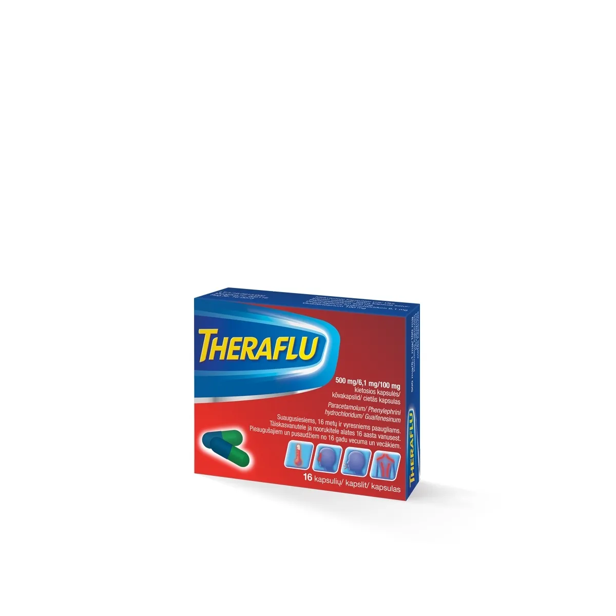 THERAFLU 500 mg/ 6.1 mg/ 100 mg cietās kapsulas, 16 gab. - Produkta attēls