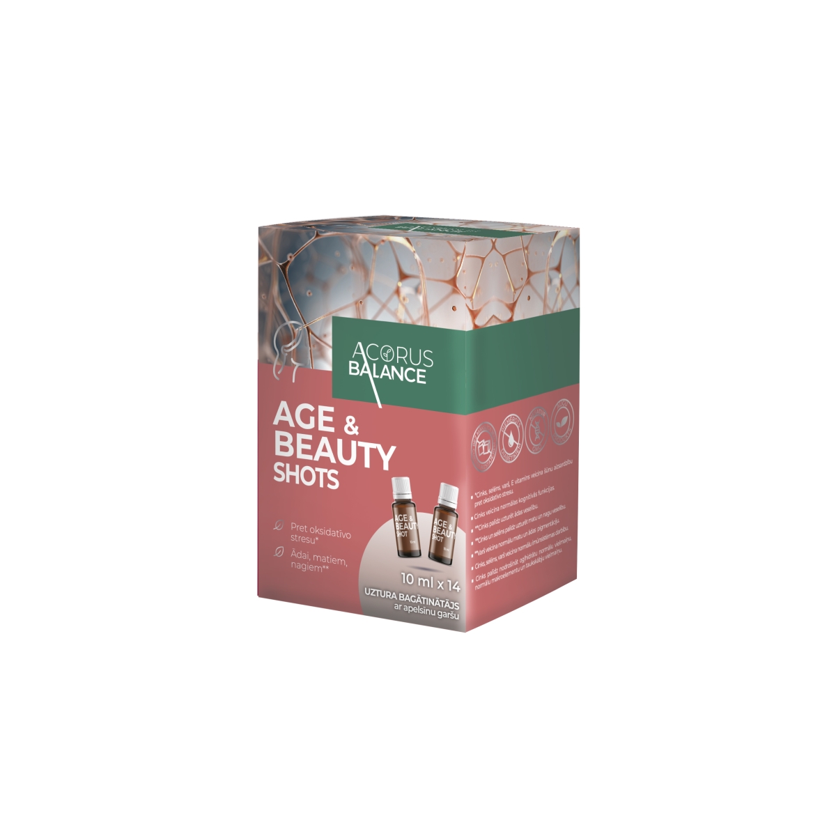 Acorus Balance AGE & BEAUTY SHOTS uztura bagātinātājs ampulās pret oks - Produkta attēls
