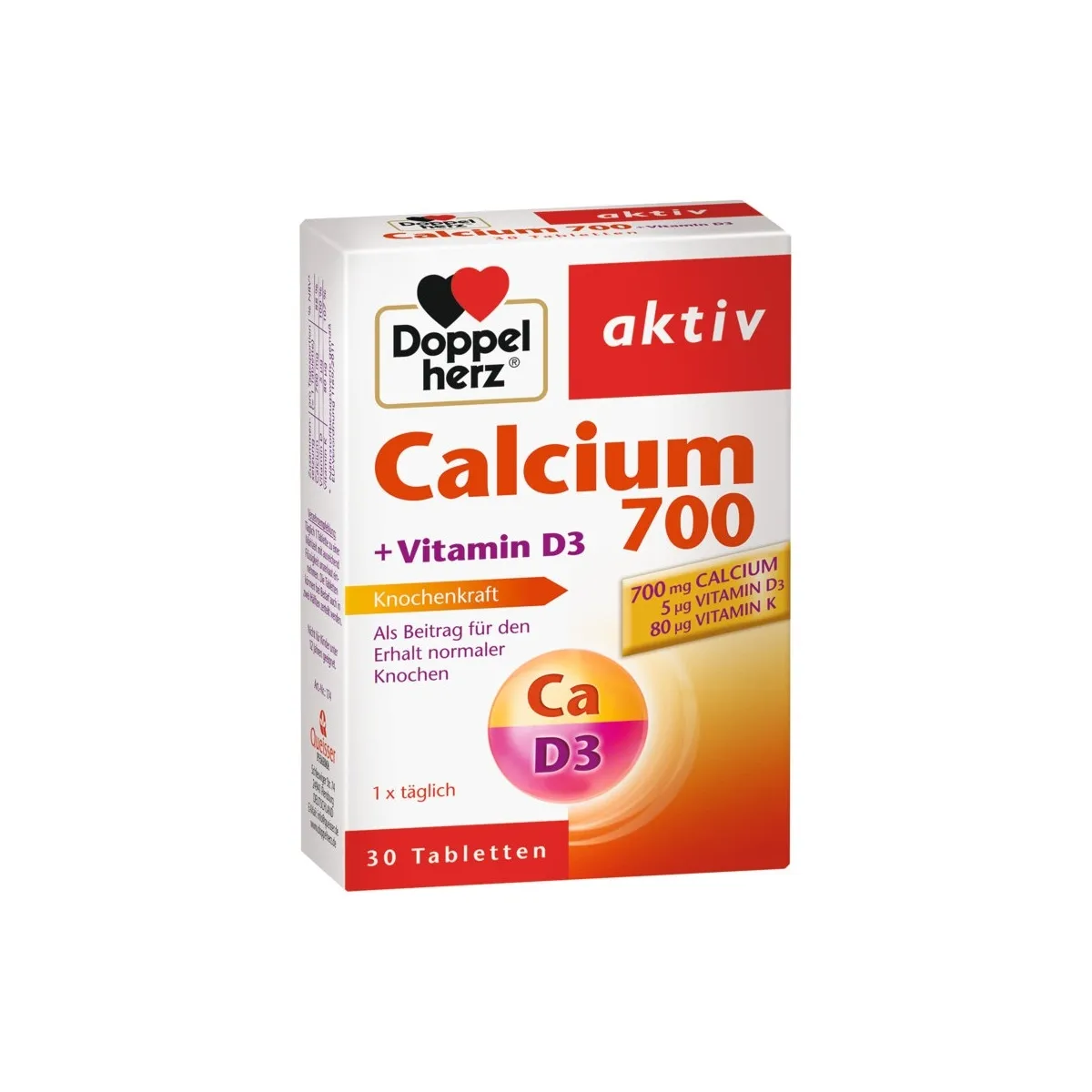 DOPPELHERZ® aktiv Calcium 700+ Vitamin D3 tabletes, 30 gab - Produkta attēls