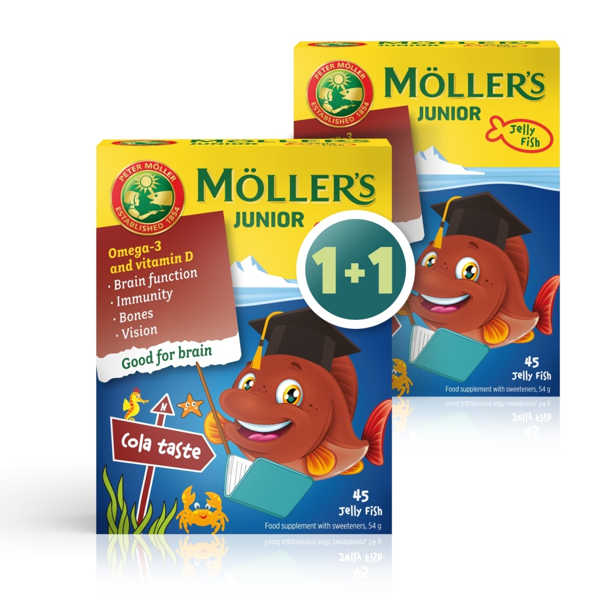 MOLLERS Junior Omega-3 košļājamās pastilas ar kolas garšu 45 gab. + 45 - Produkta attēls