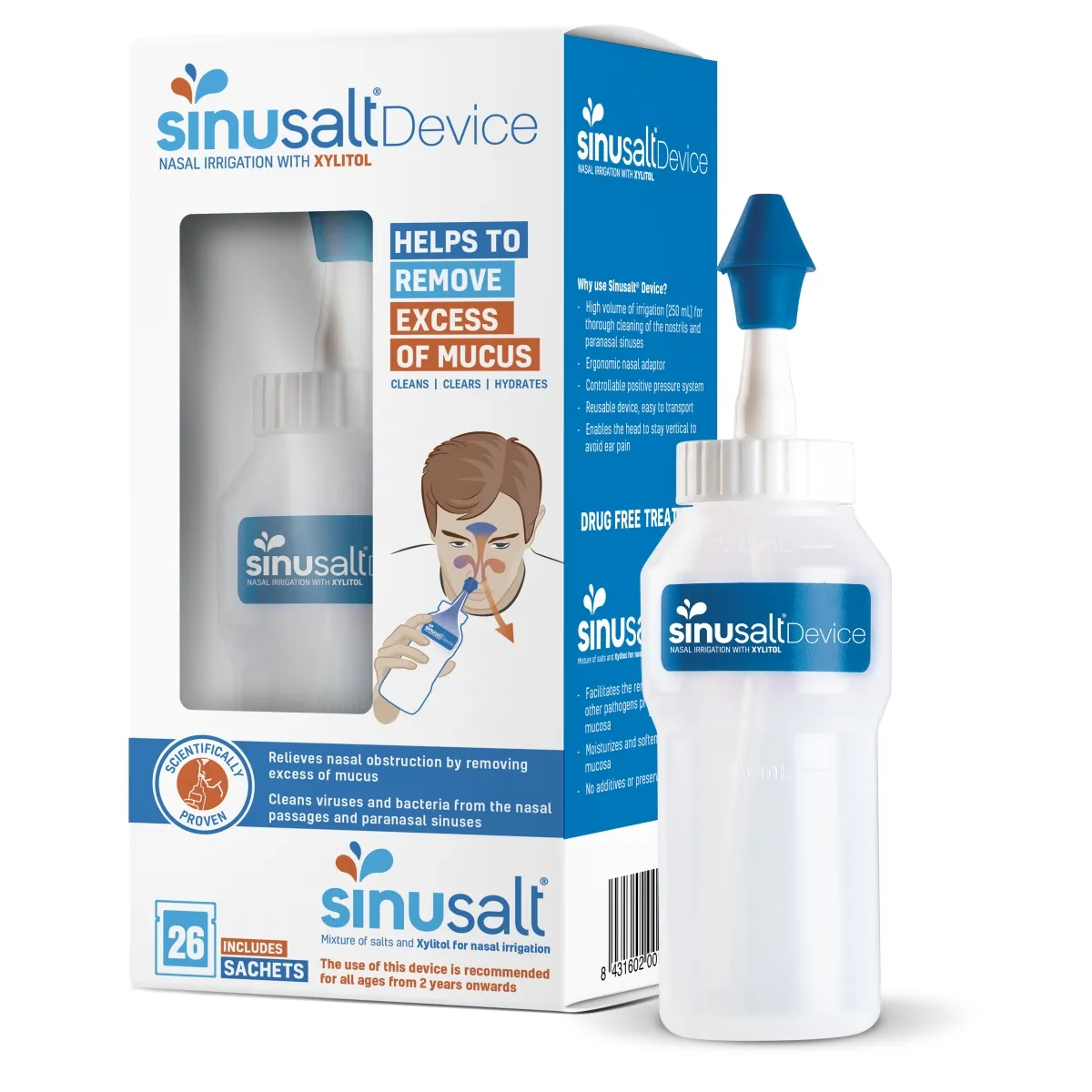 SINUSALT deguna skalošanas ierīce, 1 gab + sāļu maisījums paciņās, 26 gab. - Produkta attēls