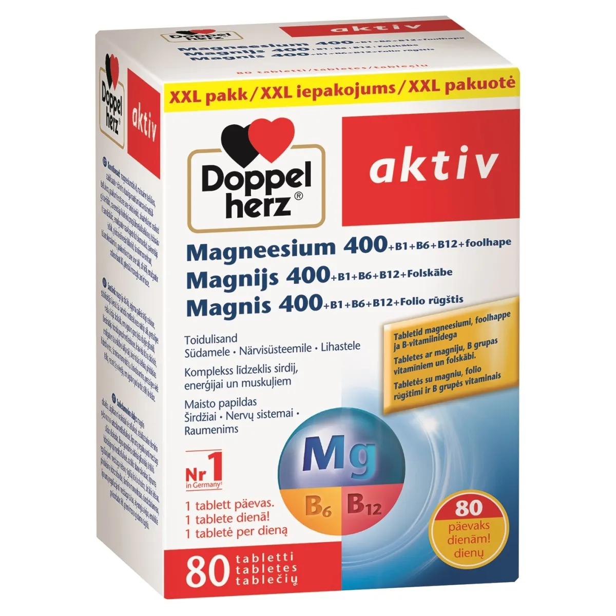 DOPPELHERZ® Aktiv Magnijs 400+ B1 + B6 + B12  + Folskābe tabletes, 80 - Produkta attēls