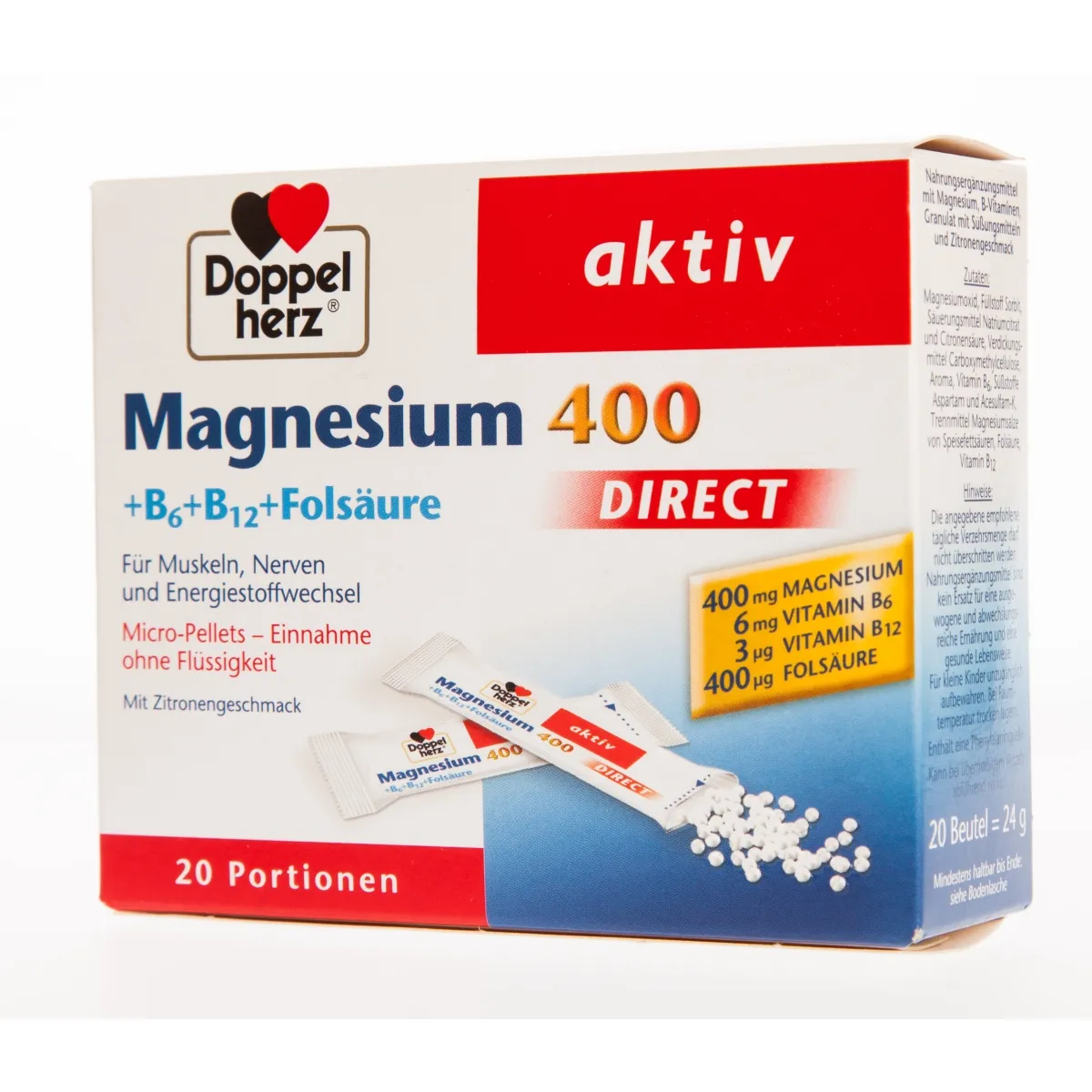 DOPPELHERZ® Aktiv Direct Magnijs 400 + B6 + B12 + Folskābe mikrogranul - Produkta attēls