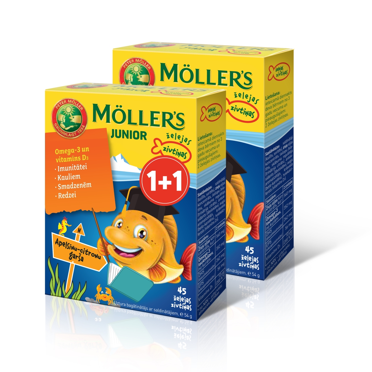 MOLLERS Junior Omega-3 zivtiņu pastilas ar apelsīnu/citronu garšu, 45+45 gab.(1+1) - Produkta attēls