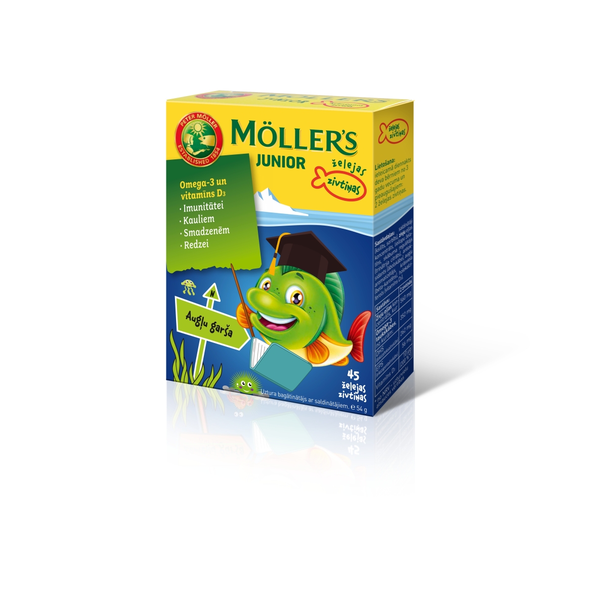 MOLLERS Junior Omega-3 zivtiņu pastilas ar augļu garšu, 45 gab. - Produkta attēls