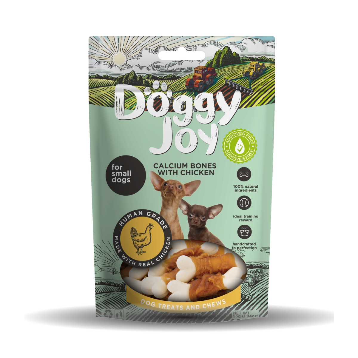 DOGGY JOY KALCIJA KAULIŅI AR VISTU MAZIEM SUŅIEM 55G - Produkta attēls