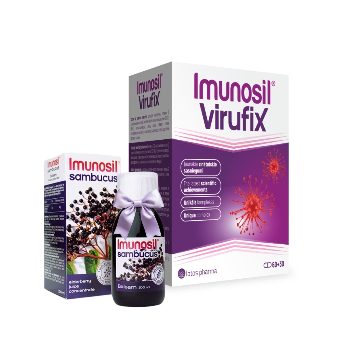 IMUNOSIL Sambucus balzams, 100 ml + IMUNOSIL Virufix kapsulas, 60 gab - Produkta attēls