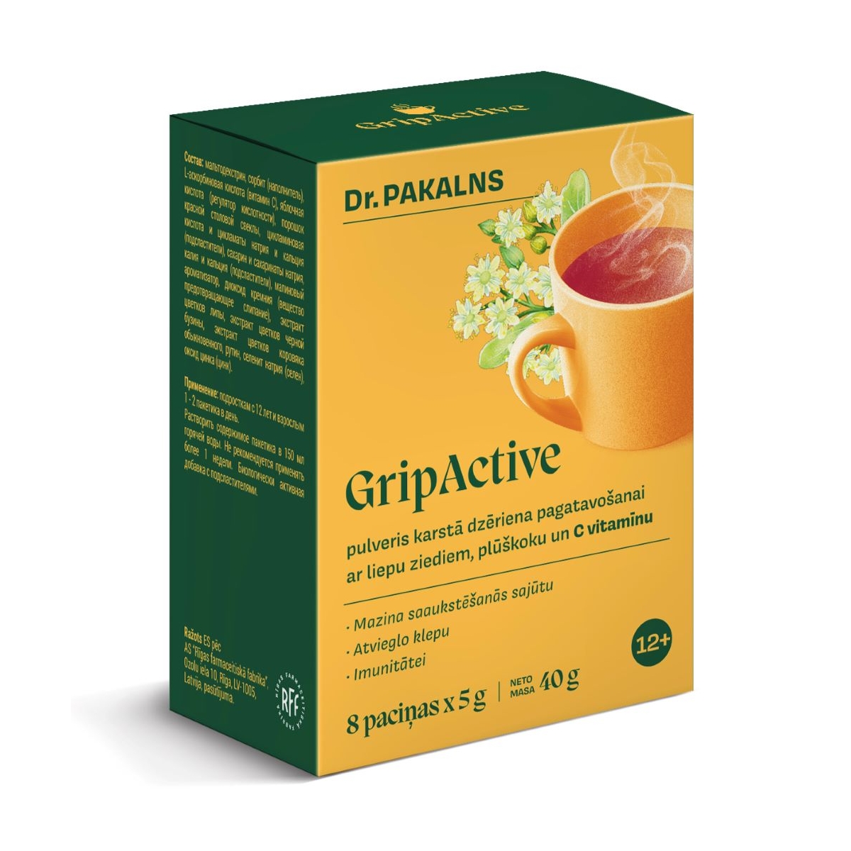 DR.PAKALNS GripActive pulveris karstā dzēriena pagatavošanai, 5 g x 8 - Produkta attēls