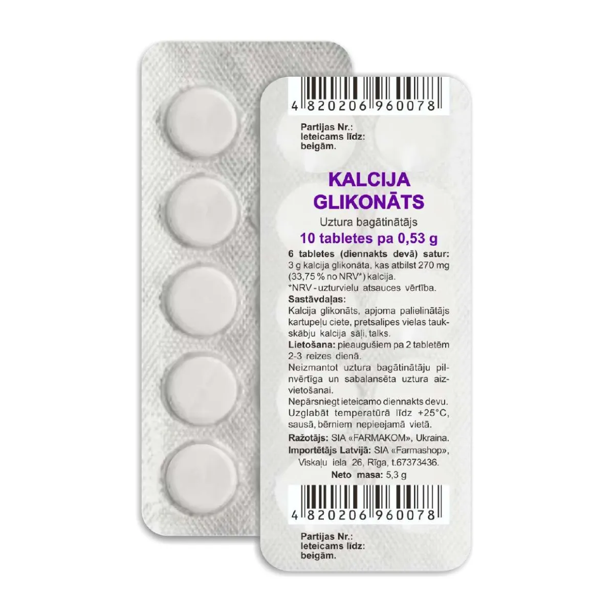 Kalcija glikonāts tabletes, 10 gab - Produkta attēls