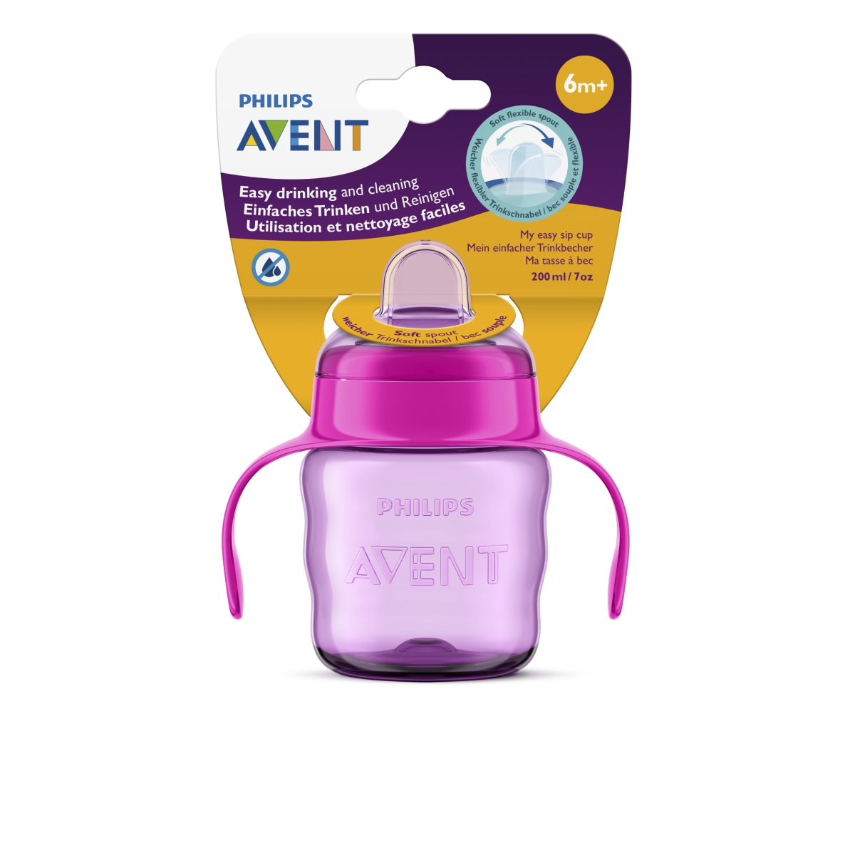 PHILIPS Avent Easy Sip mācību krūzīte ar rokturiem, 6M+, 200ml, silikona snīpis, rozā - Produkta attēls