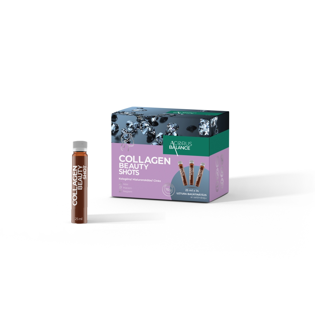 Acorus Balance COLLAGEN BEAUTY SHOTS, kolagēns ādai, matiem un nagiem ampulās, 25ml x N14 - Produkta attēls