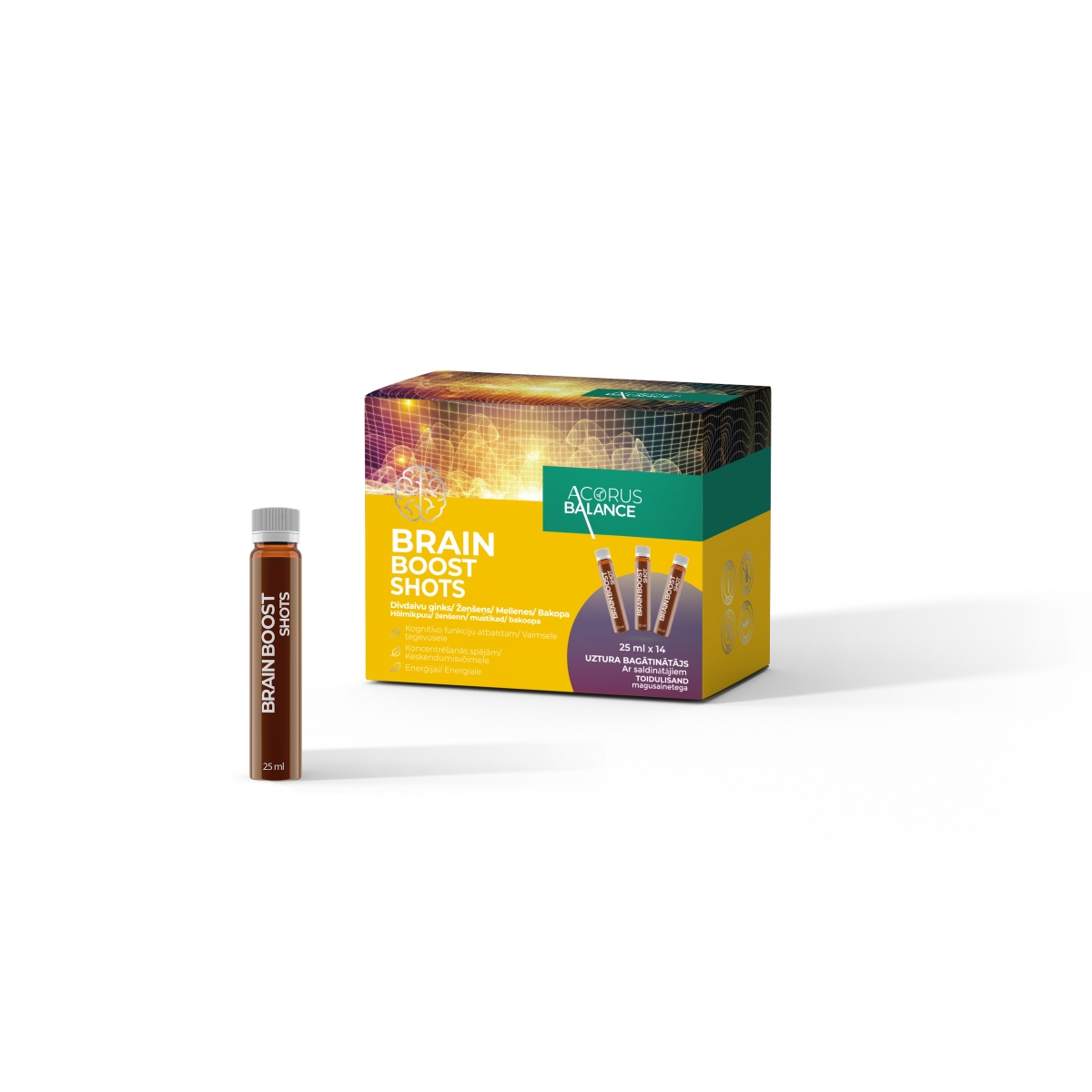 Acorus Balance BRAIN BOOST SHOTS, uztura bagātinātājs ampulās, 25ml x - Produkta attēls