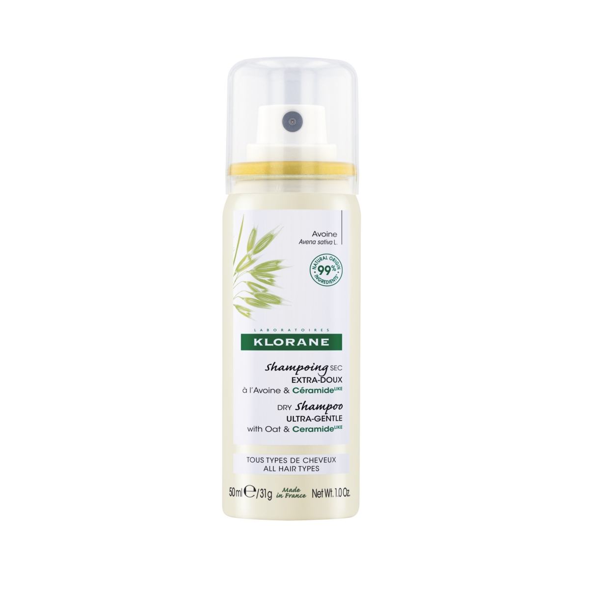 KLORANE sausais šampūns ar auzām un keramīdu, 50ml - Produkta attēls