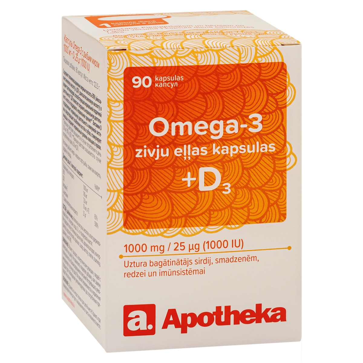 APOTHEKA Omega-3 zivju eļļa 1000 mg D3 vitamīns 1000IU kapsulas, 90 gab. - Produkta attēls
