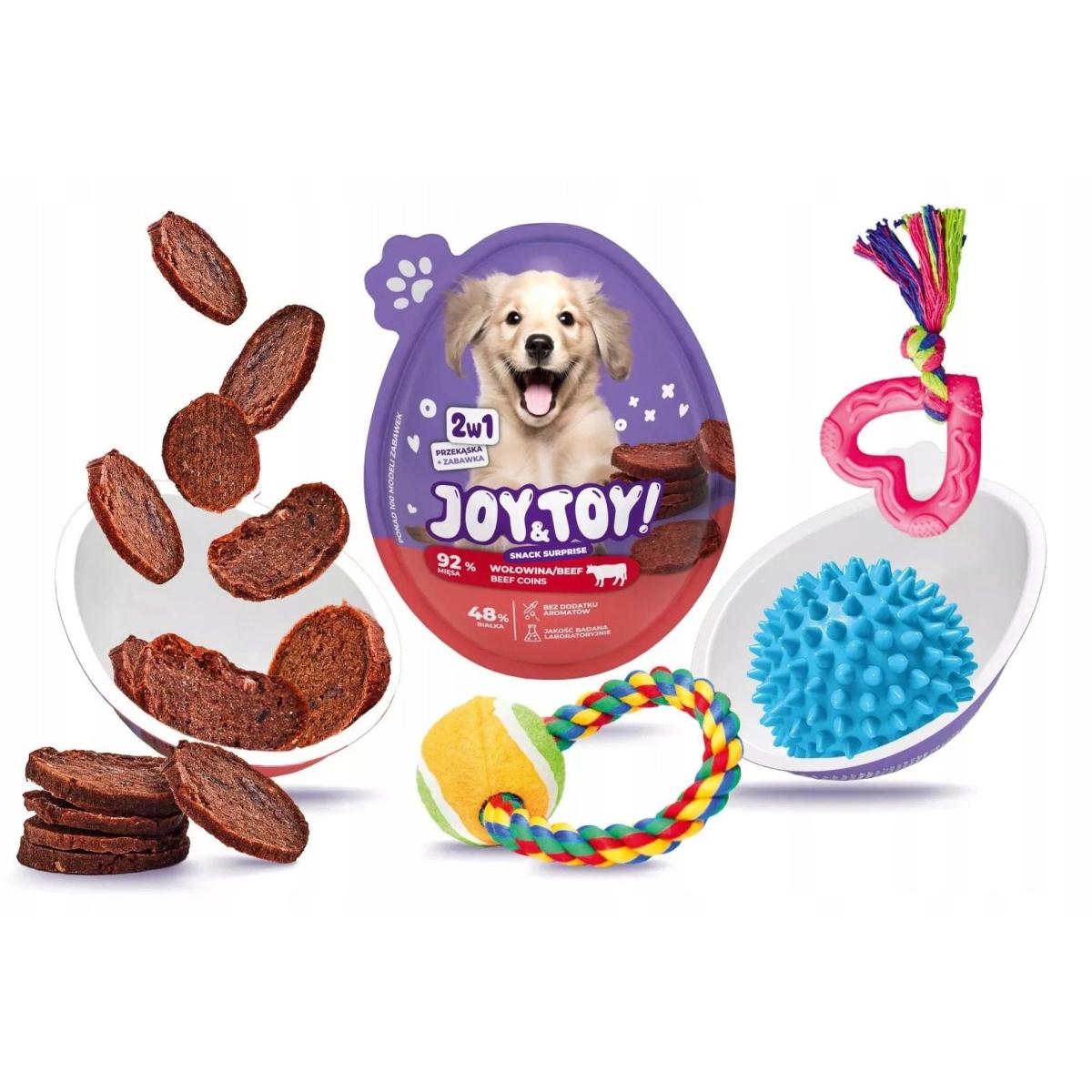 Joy&Toy! 2-1 pārsteiguma ola, kārums ar liellopa garšu +rotaļl.suņiem - Produkta attēls
