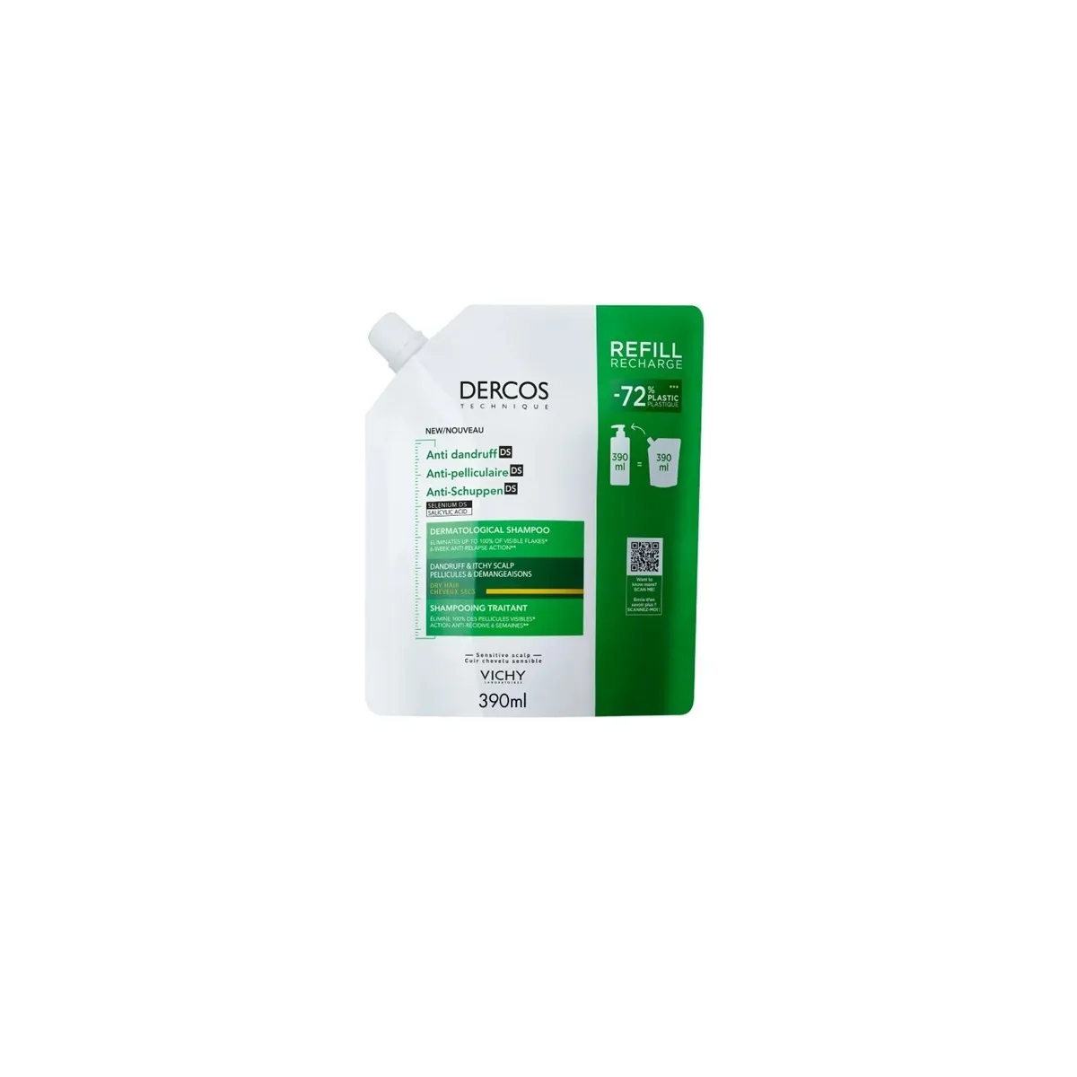 VICHY Dercos DS pretblaugznu šampūns sausiem matiem Refill 390ml - Produkta attēls