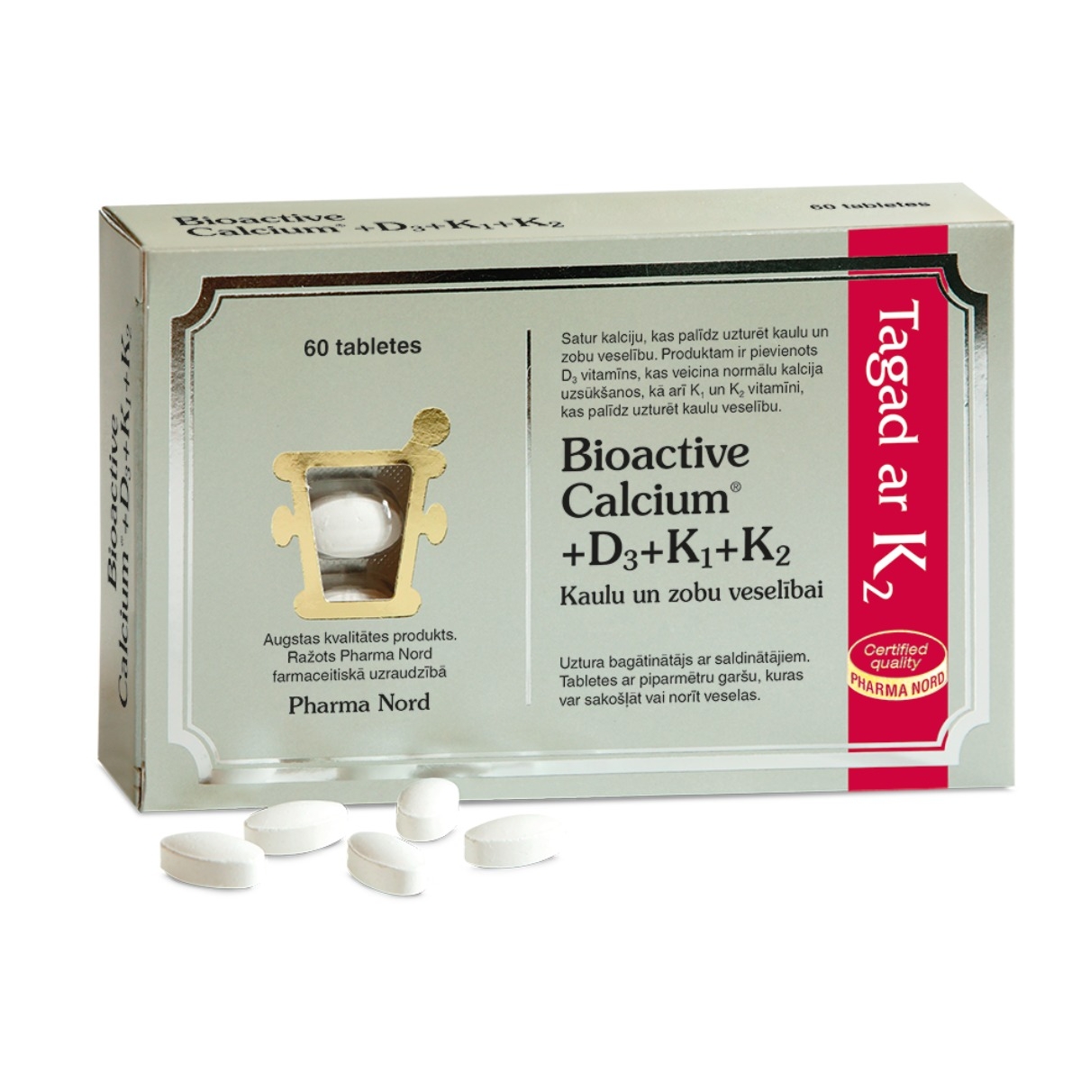 BIOACTIVE Calcium + D3 + K1 + K2 500 mg tabletes, 60 gab. - Produkta attēls