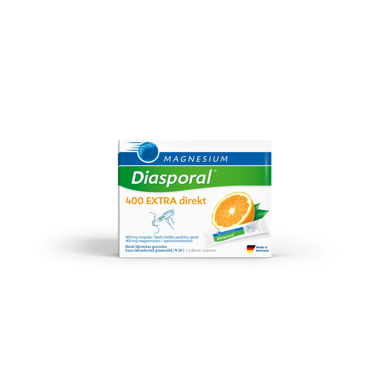 MAGNESIUM DIASPORAL Diasporal 400 Extra Direkt granulas ar apelsīnu garšu, 20 gab. - Produkta attēls