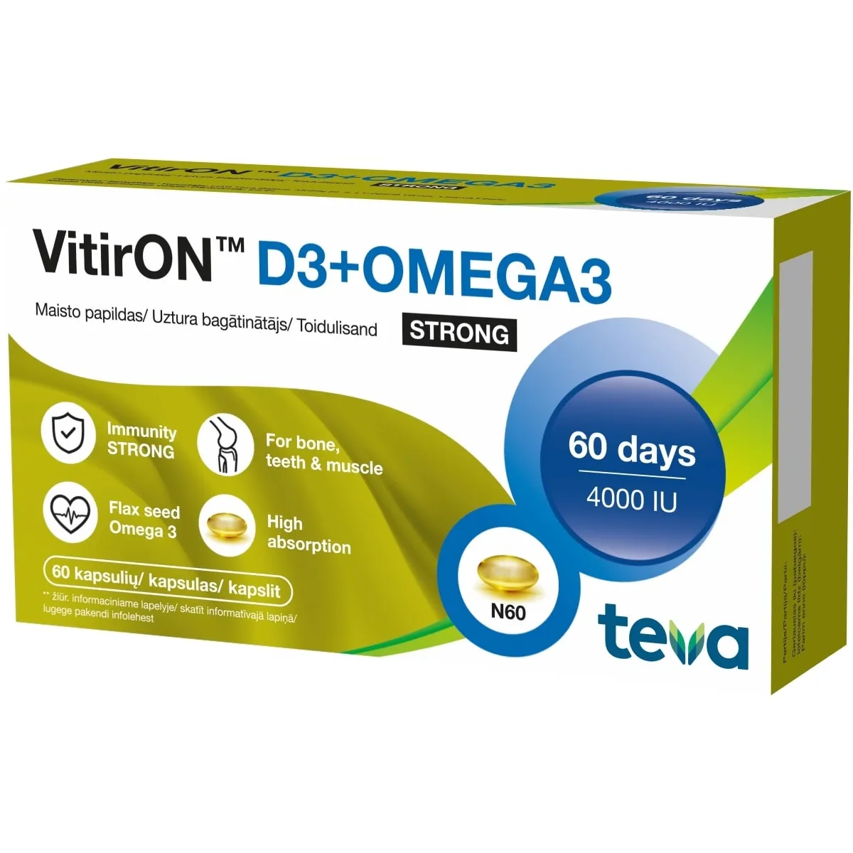 VITIRON D3 + Omega-3 Strong kapsulas, 60 gab - Produkta attēls