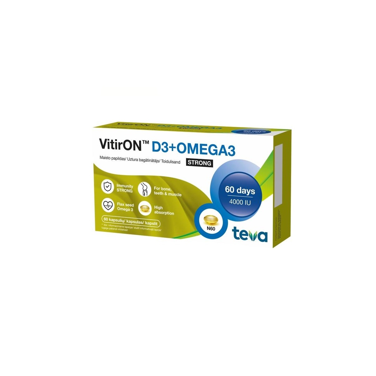 VITIRON D3 + Omega-3 Strong kapsulas, 60 gab (bojāts iepakojums) - Produkta attēls