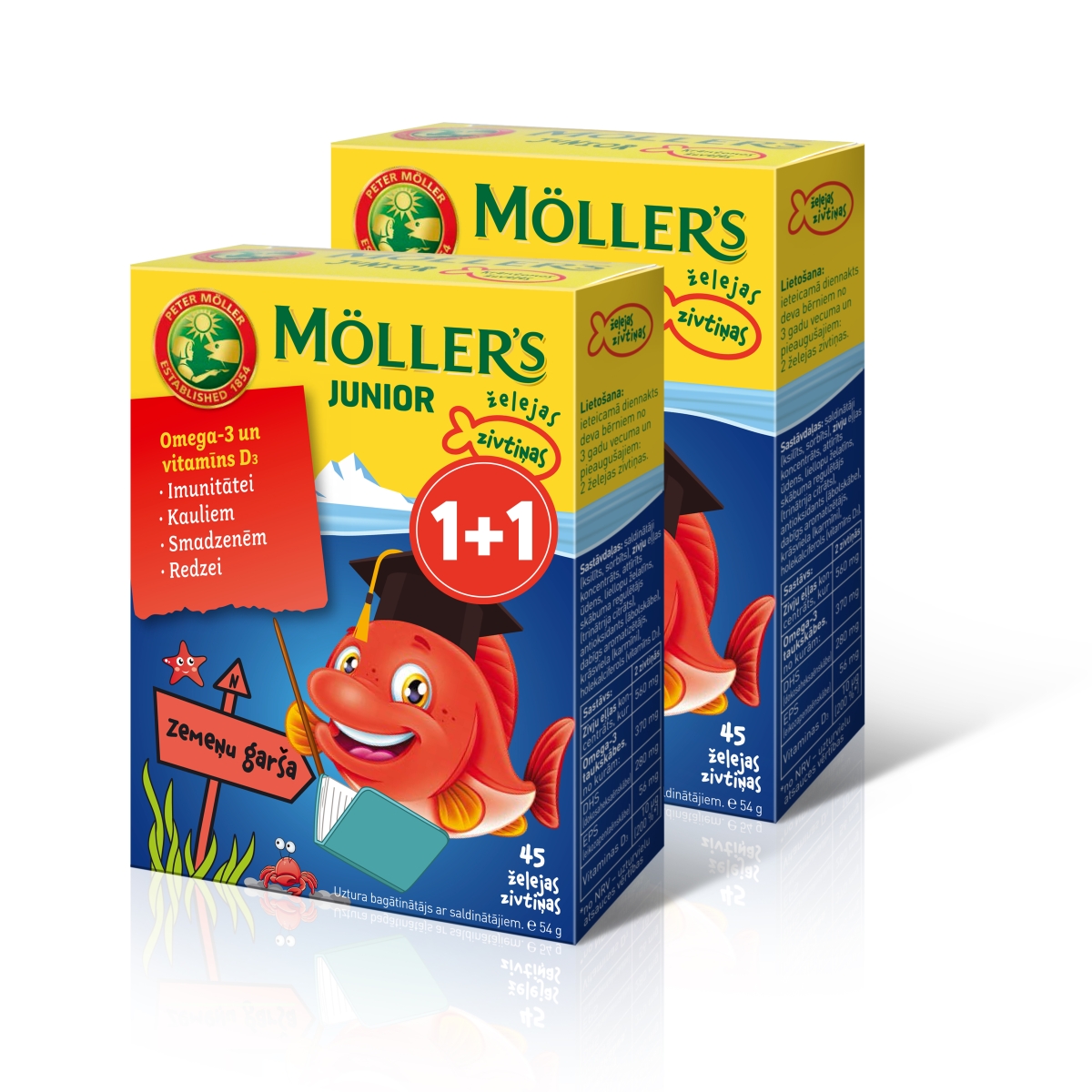 MOLLERS Junior Omega-3 zivtiņu pastilas ar zemeņu garšu, 45+45 gab.(1+ - Produkta attēls