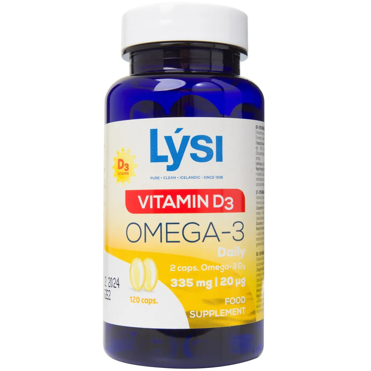 LYSI Omega-3 zivju eļļa ar D vitamīnu kapsulas (Islande), 120 gab - Produkta attēls
