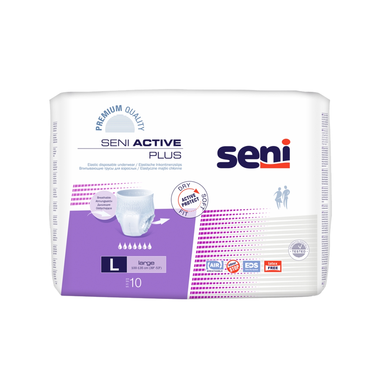 SENI ACTIVE PLUS biksītes pieaugušajiem, L izmērs (100-135 cm), 10 gab - Produkta attēls