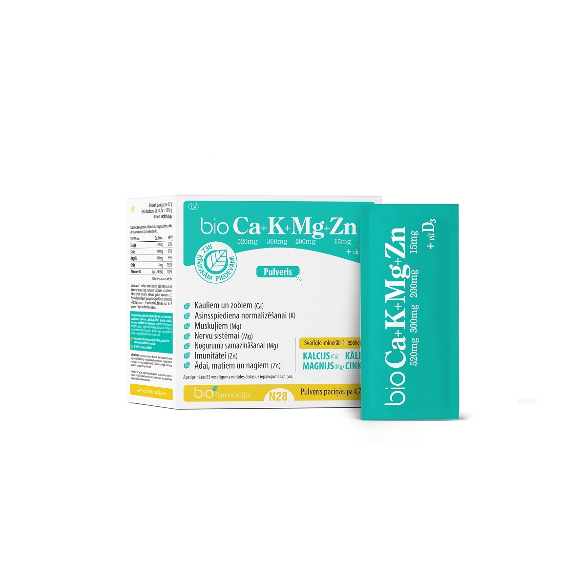 BIO Ca+K+Mg+Zn ar vitamīnu D3 pulveris, 28 gab. - Produkta attēls