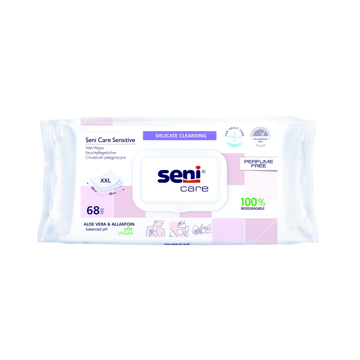 SENI CARE Sensitive mitrās salvetes ar vāciņu, 68 gab. - Produkta attēls