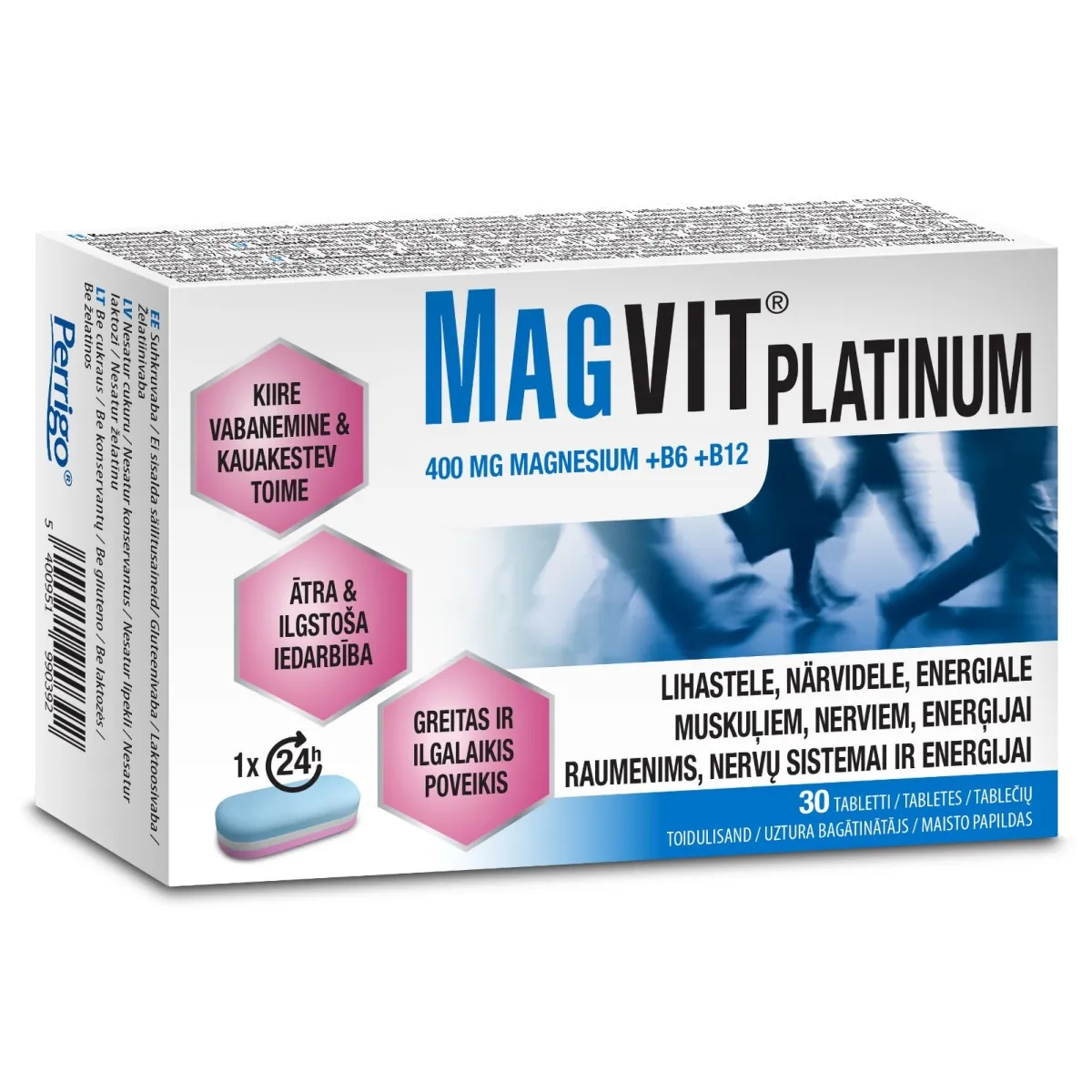 MAGVIT Platinum B6+B12 tabletes 400 mg, 30 gab - Produkta attēls
