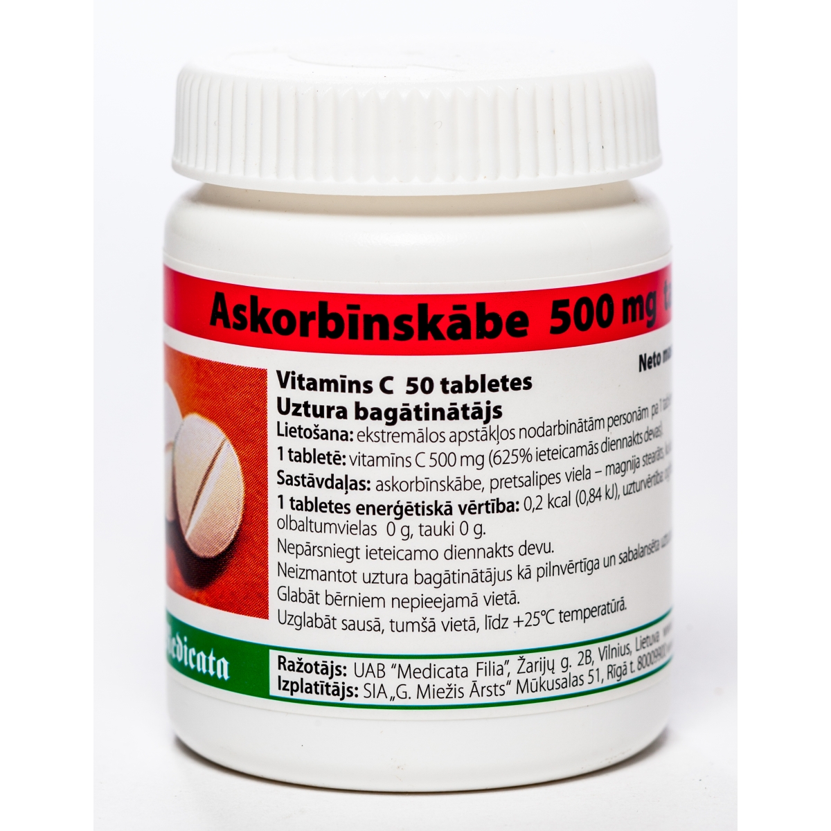Vitamīns C 500 mg tabletes, 50 gab. - Produkta attēls