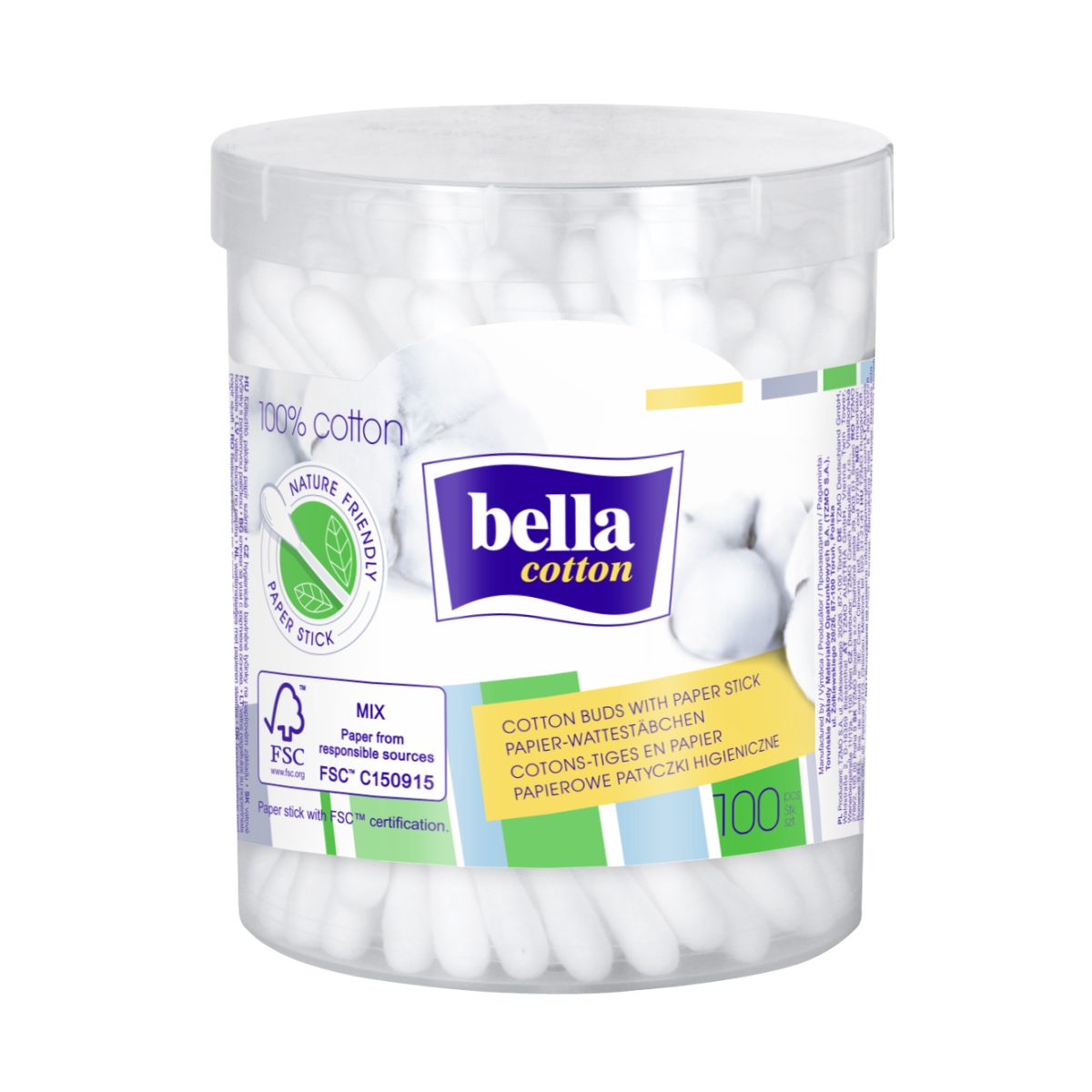 BELLA COTTON vates-papīra kociņi apaļā kastītē, 100 gab. - Produkta attēls