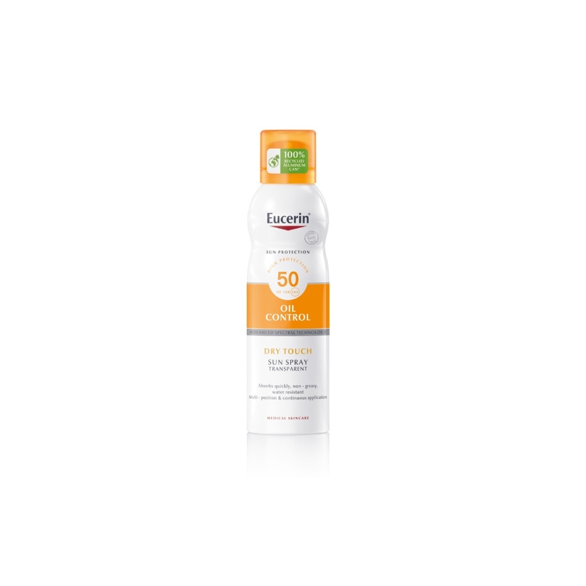 EUCERIN Sun Oil Control Dry Touch SPF50 caurspīdīgs sauļošanās aerosols ķermenim, 200 ml - Produkta attēls