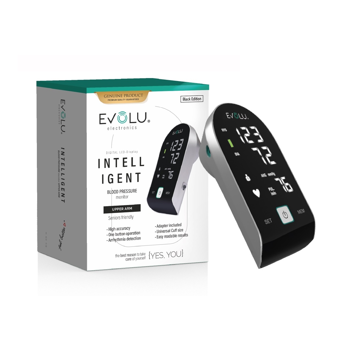 EVOLU® Intelligent asinsspiediena mērītājs, melns, ar adapteri - Produkta attēls 1