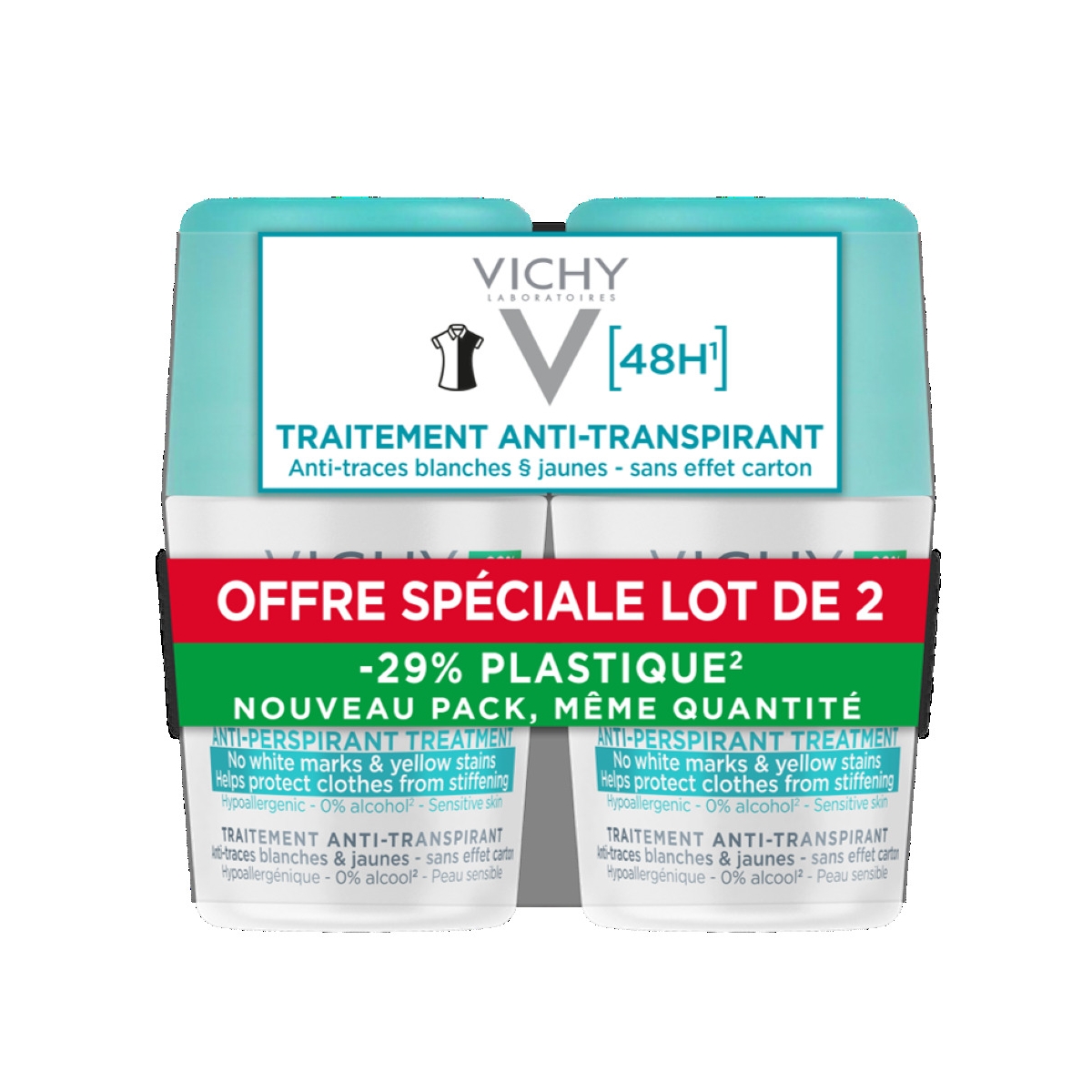 VICHY Anti-traces Roll-on antiperspirant, 50 ml, 2 gab. - Produkta attēls