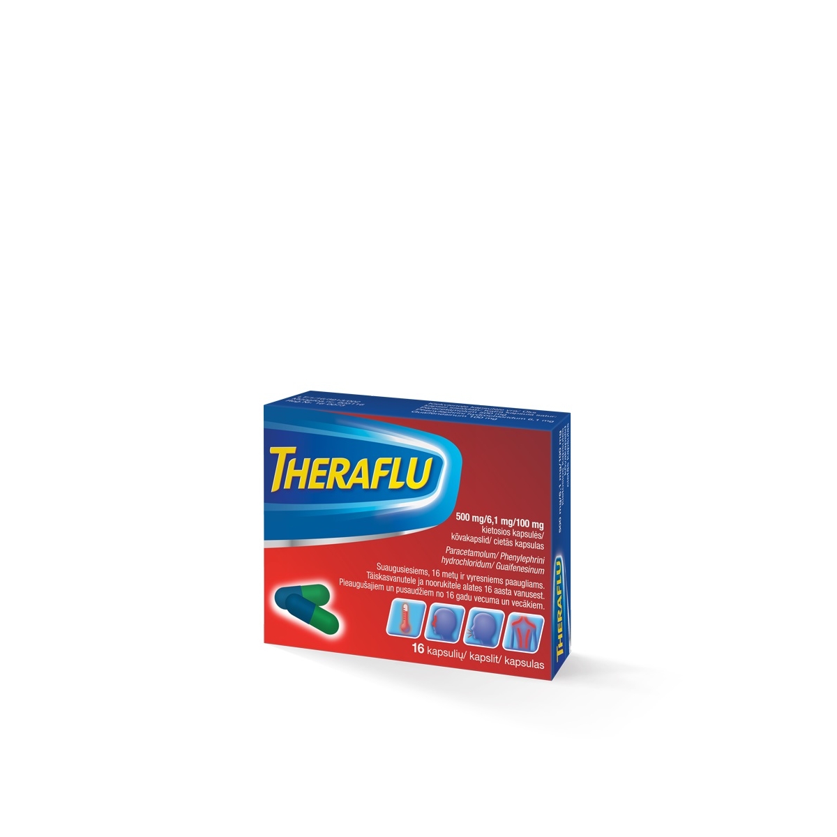 THERAFLU 500 mg/ 6.1 mg/ 100 mg cietās kapsulas, 16 gab. - Produkta attēls