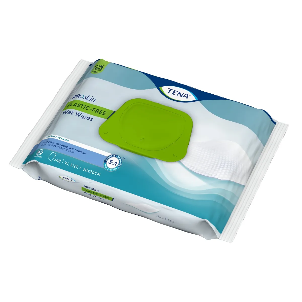 TENA mitrās salvetes/ dvielīši Wet Wipes 3in1 PLASTIC FREE, 48 gab. - Produkta attēls