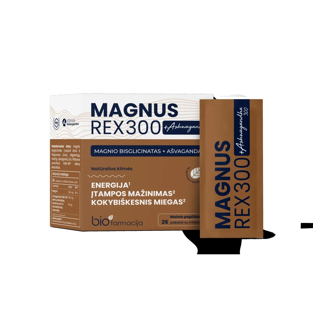 MAGNUS REX 300 + Ashwagandha 300 pulveris paciņās, 26 gab - Produkta attēls