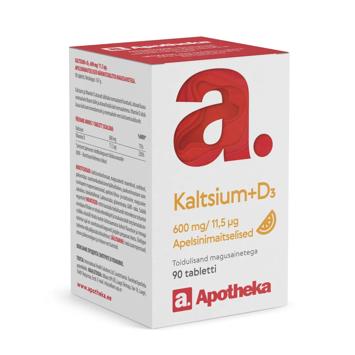 APOTHEKA Kalcijs D3 600 mg/ 460 SV košļājamās tabletes ar apelsīna garšu, 90 gab - Produkta attēls