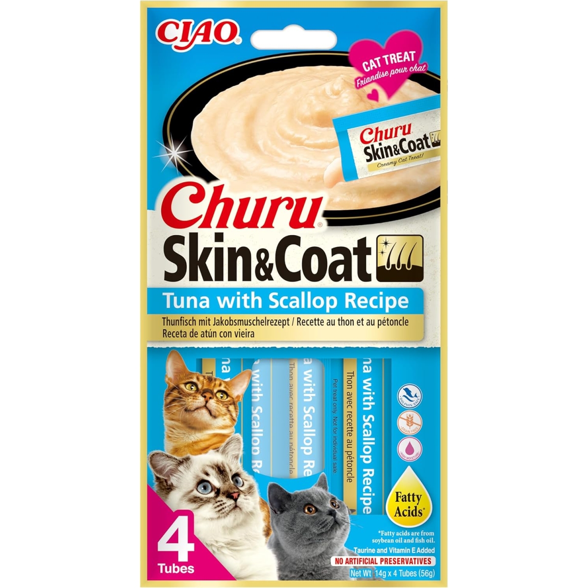 Churu Skin&Coat biezenis kaķiem, tuncis&ķemmītes 56g (14gx4) N12 - Produkta attēls