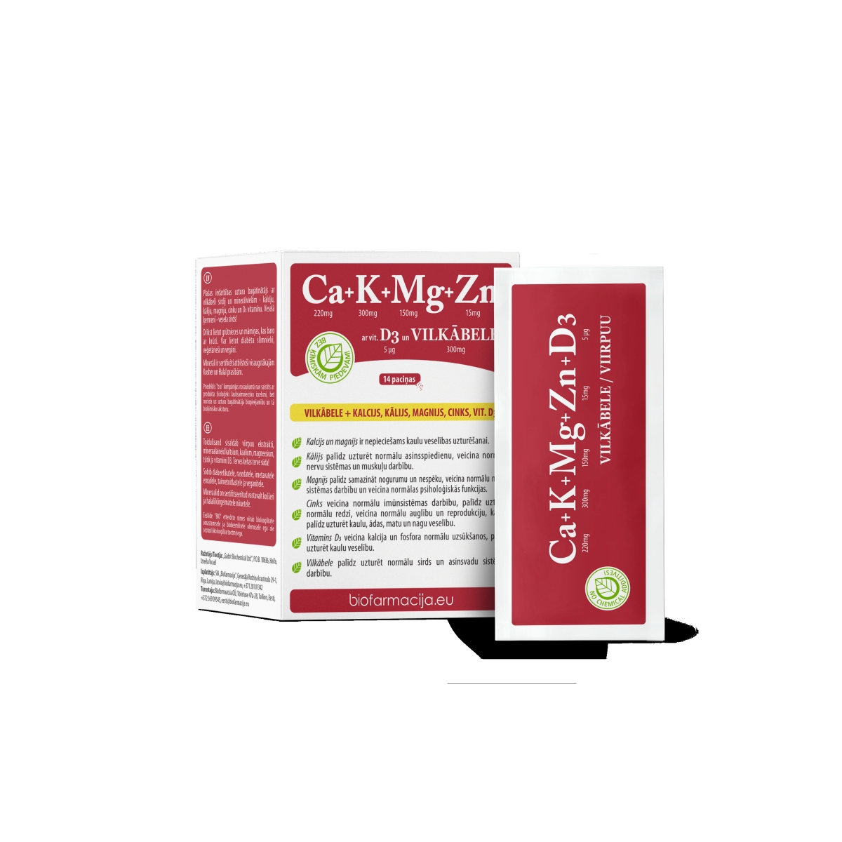BIO Ca+K+Mg+Zn ar vitamīnu D3 un vilkābeli pulveris, 14 gab. - Produkta attēls