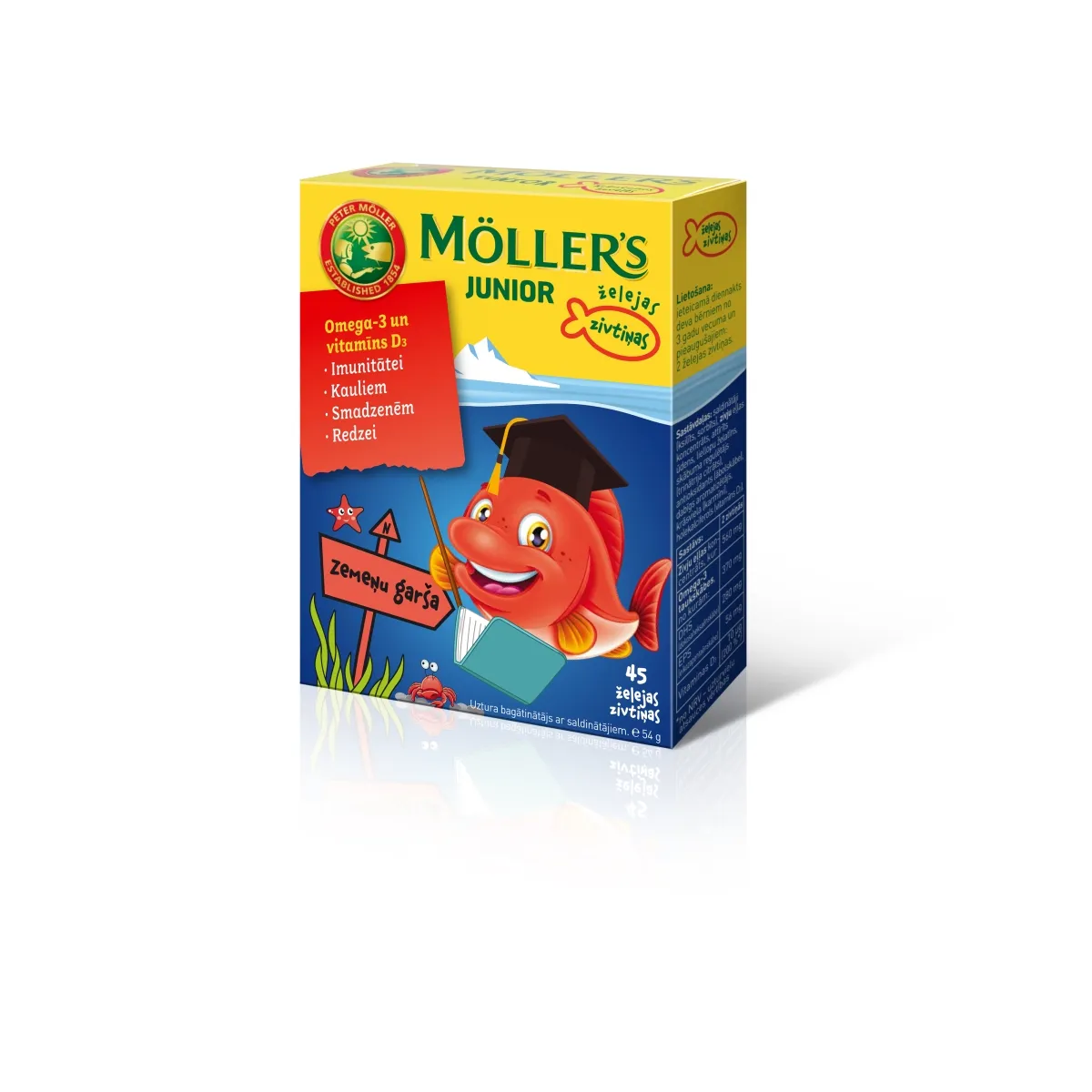 MOLLERS Junior Omega-3 zivtiņu pastilas ar zemeņu garšu, 45 gab. - Produkta attēls