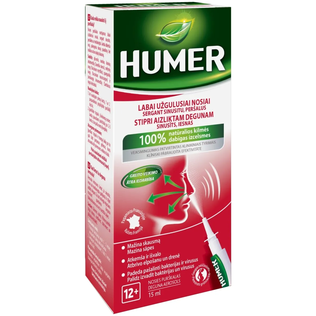 HUMER stipri aizliktam degunam sinusīts, iesnas, deguna aerosols, 15 m - Produkta attēls
