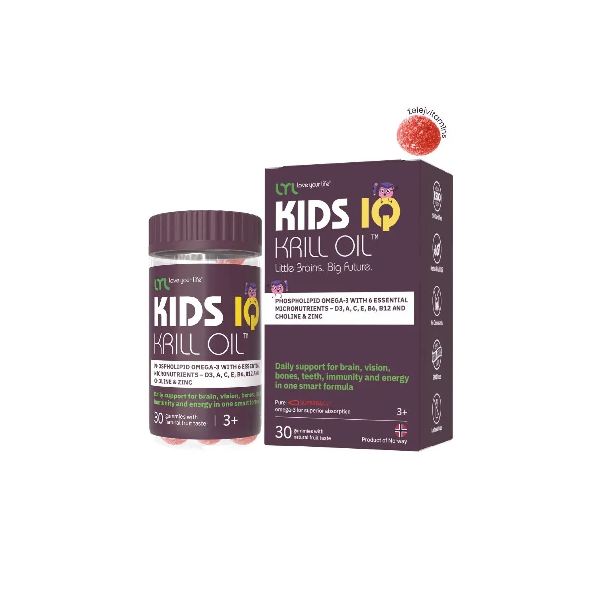 LYL Kids IQ Krill Oil košļājamas pastilas ar augļu garšu, 30 gab - Produkta attēls