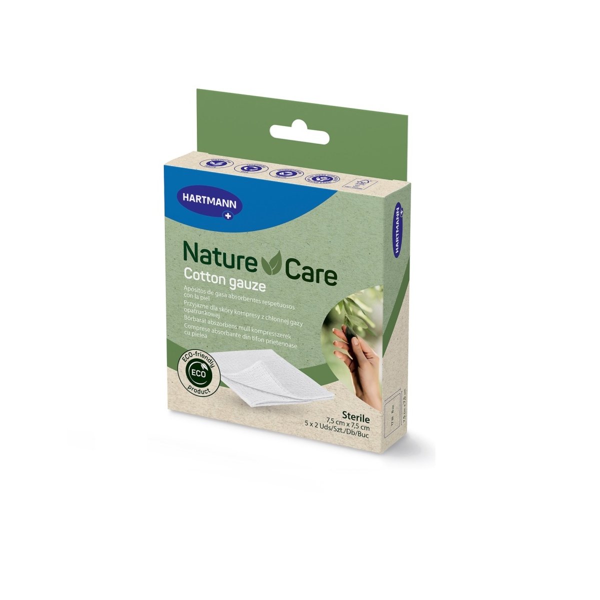 NATURE CARE sterila marles salvete (7.5 x 7.5 cm), 5 x 2 gab - Produkta attēls